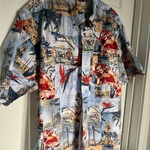 Casual Patchwork Tropical Button-Down Shirt - Blue/Red